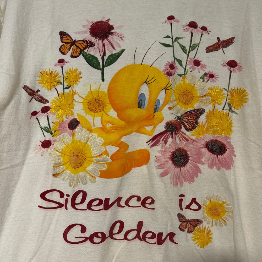 Vintage 1998 Looney Tunes Tweety Bird Silence is Golden Floral T-Shirt Cream L - Picture 2 of 9
